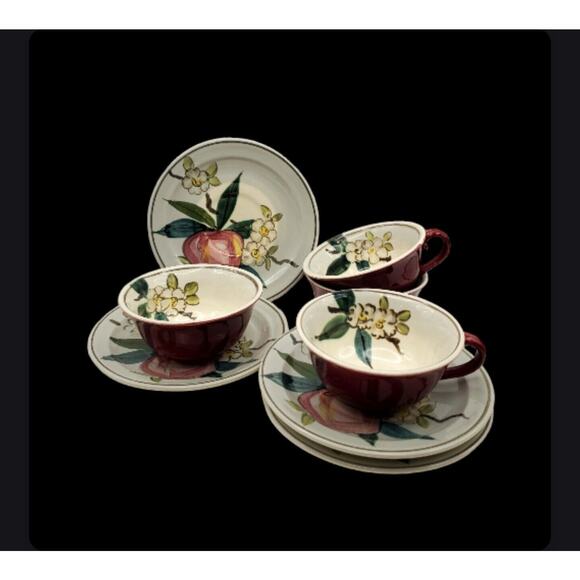 4 Red Wing Pottery Apple Blossom Flat Cup Saucer Set Normandy Vtg 50s Maroon Red - Picture 7 of 7